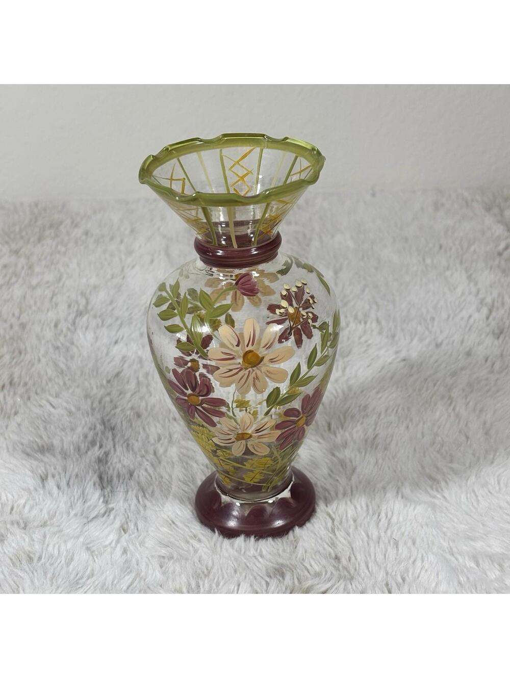 Hand Painted Floral Glass Bud Vase Green Rim Cranberry Foot Vintage Decor